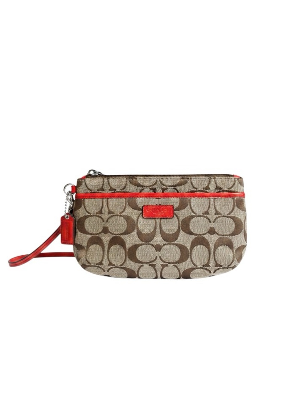 COACH Signature Khaki Canvas Front Zip Wristlet Vermillion Red Trim